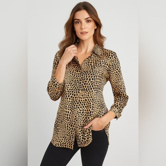 Vintage Tops - Vintage Into Africa 100% Silk Leopard Print Button Up Blouse Size Medium